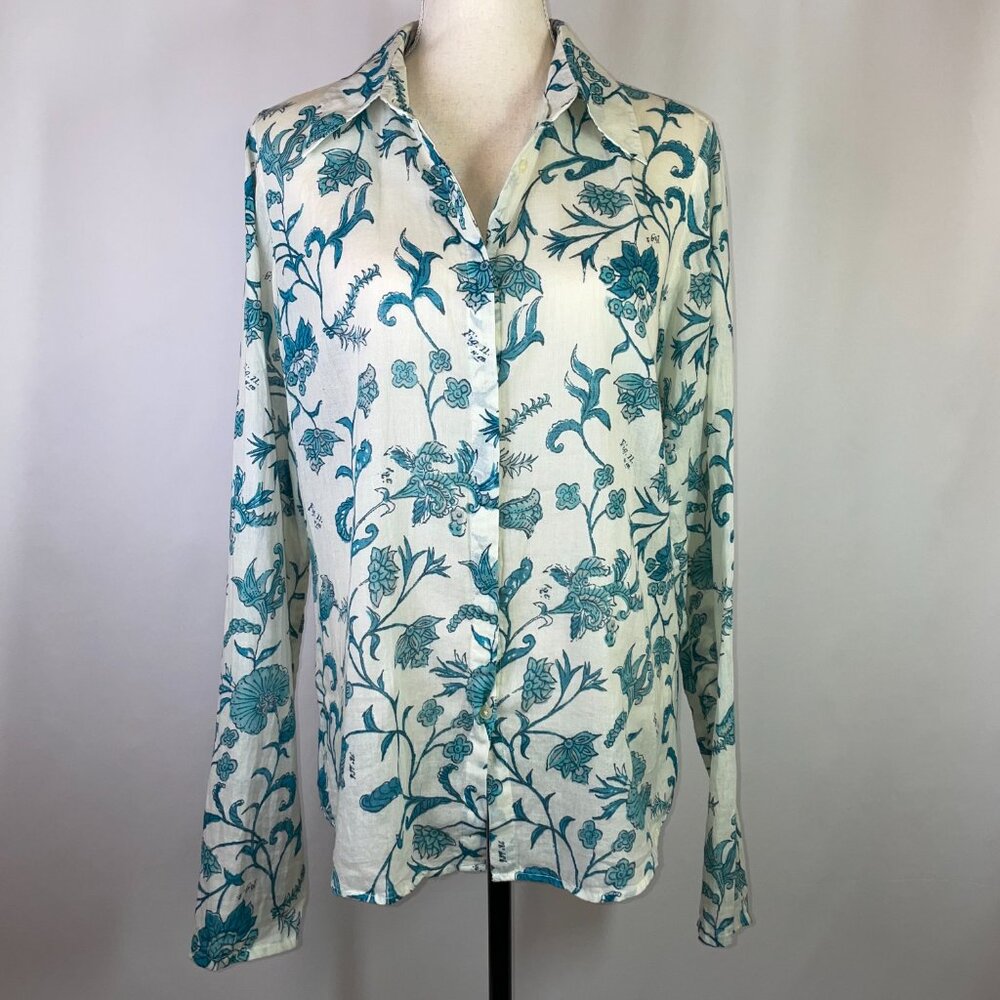 IKKS French Floral Linen Blouse Long Sleeves Gauzy Collared Button Down Size L